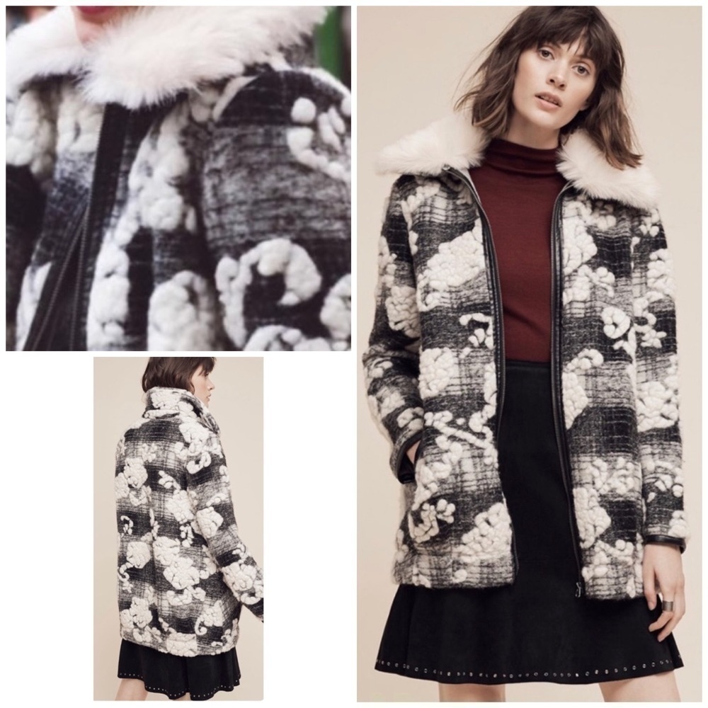 EUC Anthro Hei Hei Cloudscape Faux Fur Car Coat S​​​​​​​